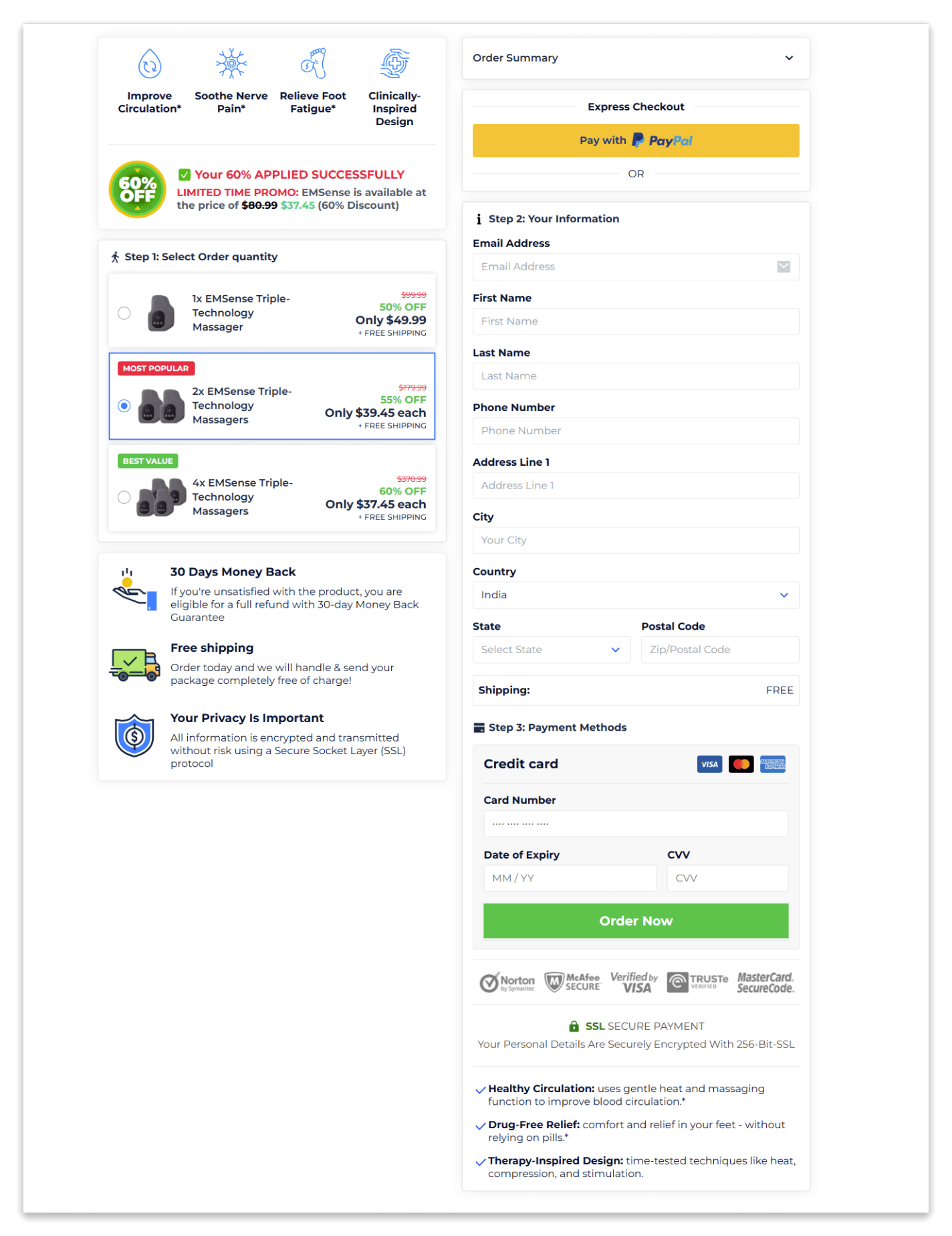 emsense foot massager checkout page.
